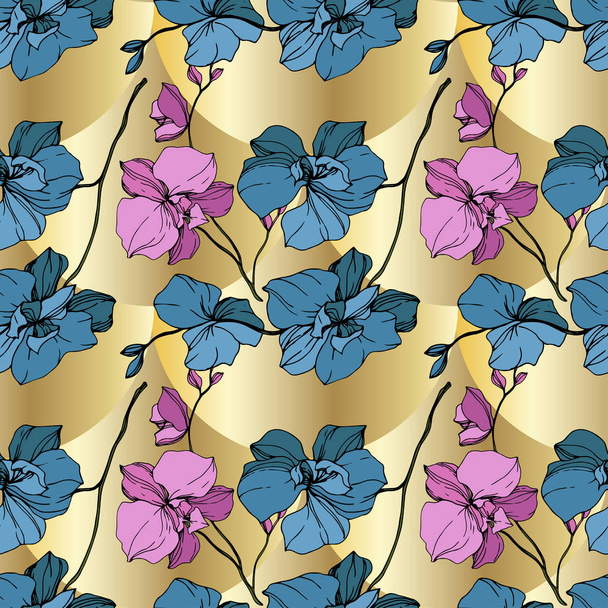 Vector blue and yellow orchids on golden background. Seamless background pattern. Fabric wallpaper print texture. - Вектор,изображение