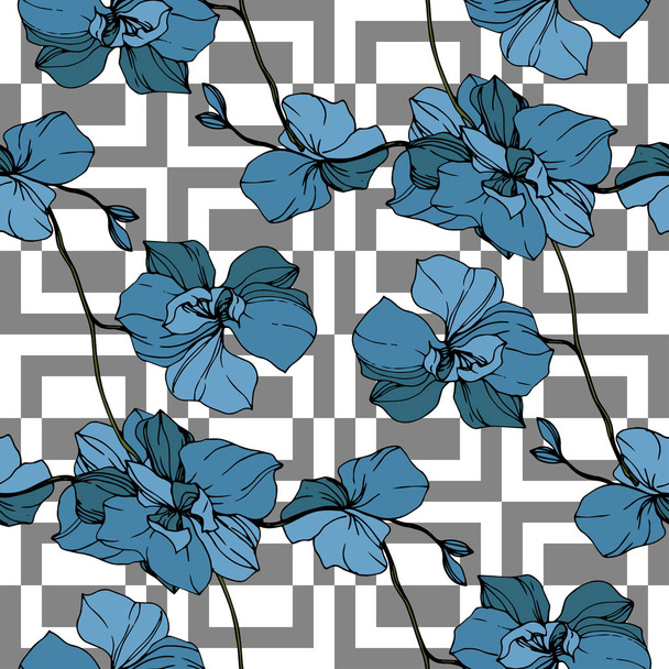 Vector blue orchids on white geometric background. Seamless background pattern. Fabric wallpaper print texture. - Vector, Image