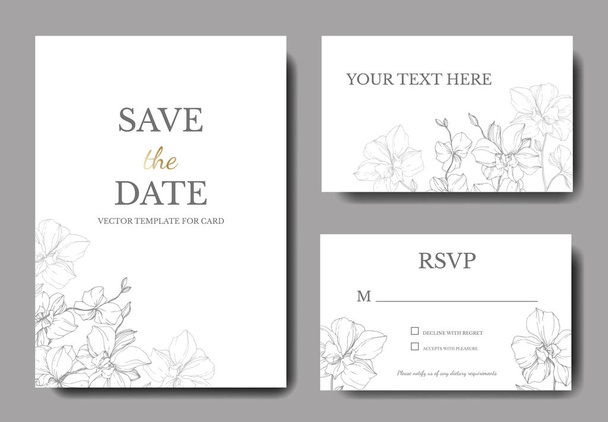 Vector silver orchids isolated on white. Invitation cards with save the date lettering - Vector, Image