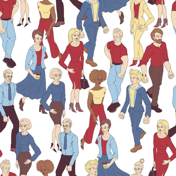 Seamless pattern with business people walking. Cartoon style illustration with men and woman. - Vektör, Görsel
