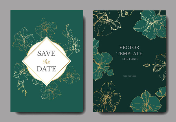 Orchidées vectorielles dorées isolées sur vert. Cartes d'invitation avec enregistrer le lettrage de date
 - Vecteur, image
