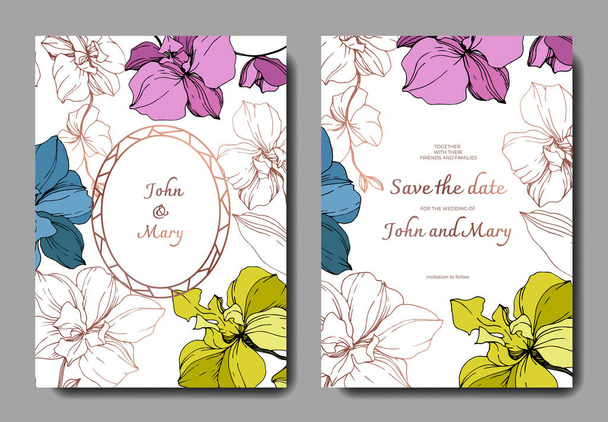 Vector blue, pink, golden and yellow orchids isolated on white. Invitation cards with save the date lettering - Vector, Image