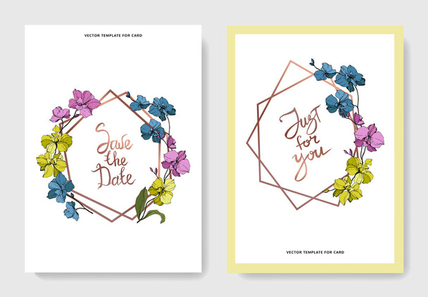 Vector blue, pink and yellow orchids isolated on white. Invitation cards with save the date and just for you lettering - Vector, Image