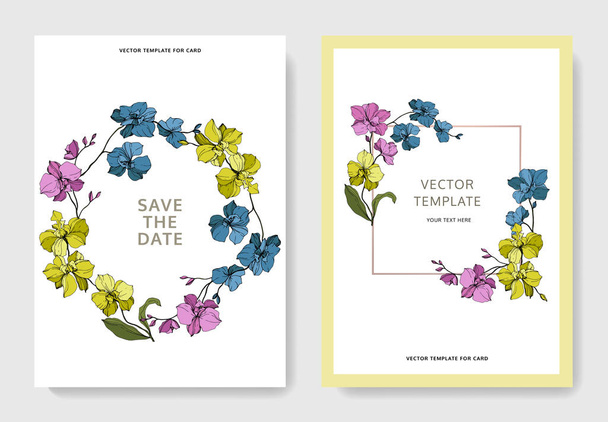 Vektor blaue, rosa und gelbe Orchideen isoliert auf weiß. Einladungskarten mit Datum speichern - Vektor, Bild