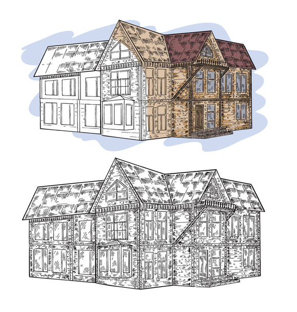 handgezeichnete Skizze eines schwarz-weißen Hauses und farbenfroh. Vektor Illustration Jahrgang - Vektor, Bild