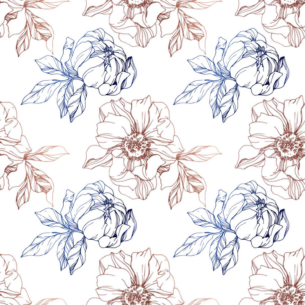 Vector blue and brown isolated peonies sketch on white background. Engraved ink art. Seamless background pattern. Fabric wallpaper print texture. - Vector, Image