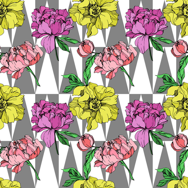 Vector pink and yellow peonies illustration on geometric background. Engraved ink art. Seamless background pattern. Fabric wallpaper print texture. - Vector, Image