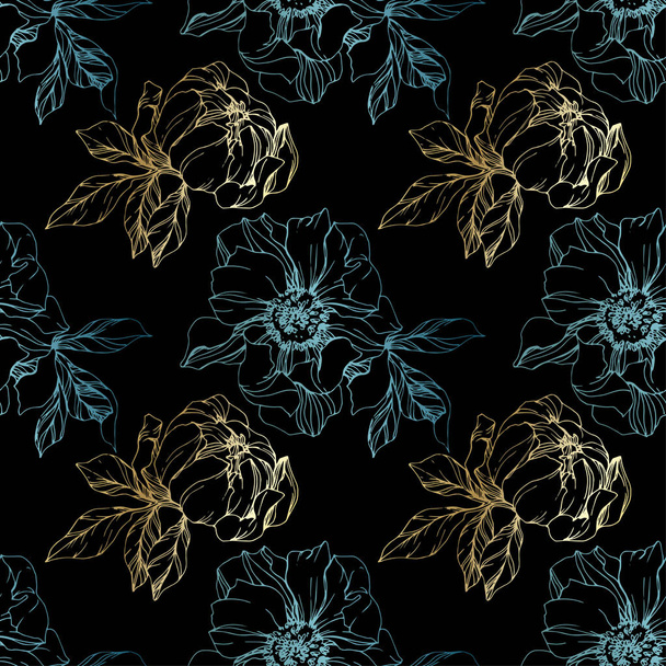 Vector blue and golden isolated peonies sketch on black background. Engraved ink art. Seamless background pattern. Fabric wallpaper print texture. - Vector, Image