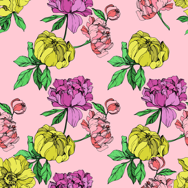 Vector purple and yellow isolated peonies illustration on pink background. Engraved ink art. Seamless background pattern. Fabric wallpaper print texture. - Vektör, Görsel