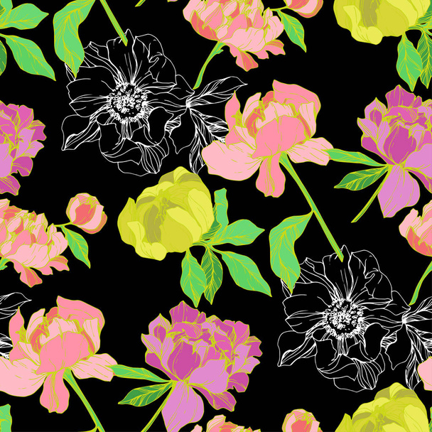 Vector pink and yellow isolated peonies illustration on black background. Engraved ink art. Seamless background pattern. Fabric wallpaper print texture. - Vector, Image