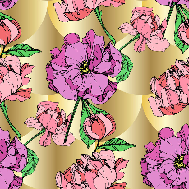 Vector illustratie van de paarse en roze pioenrozen op gouden achtergrond. Gegraveerde inkt art. Naadloze achtergrondpatroon. Structuur behang print textuur. - Vector, afbeelding