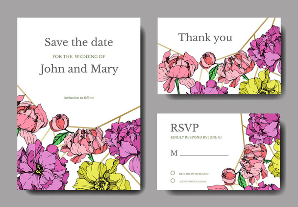 Vector elegant invitation cards with purple, yellow and pink peonies illustration on white background with save the date lettering. - Vector, Image