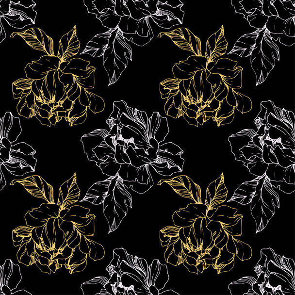 Vector white and golden isolated peonies sketch on black background. Engraved ink art. Seamless background pattern. Fabric wallpaper print texture. - Wektor, obraz