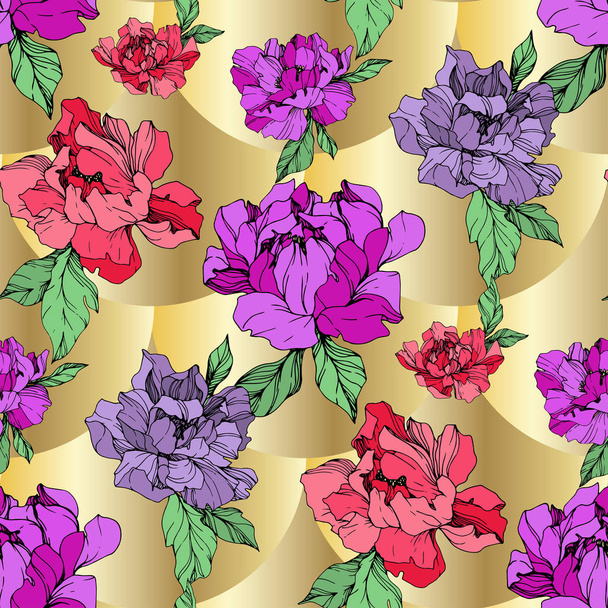 Vector purple and living coral peonies illustration on golden background. Engraved ink art. Seamless background pattern. Fabric wallpaper print texture. - Vector, Image