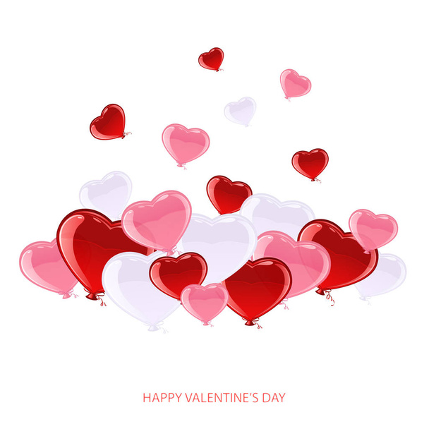 Red and pink balloons on white background with lettering Happy Valentine's Day, illustration. - Vector, afbeelding