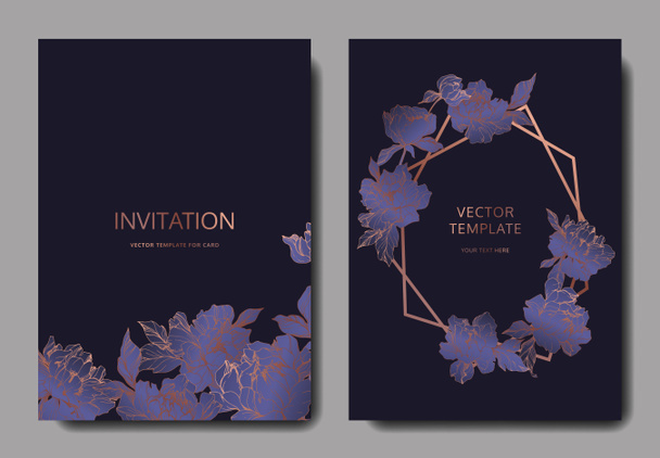 Vector wedding elegant invitation cards with purple peonies on black background. - Vector, Image