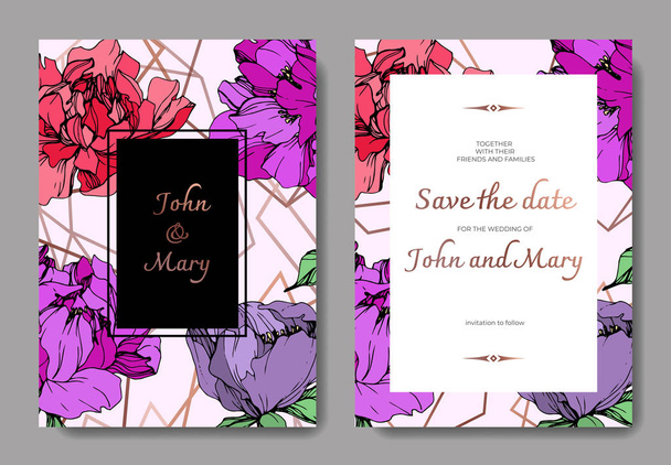 Vector wedding elegant invitation cards with purple, yellow and living coral peonies on pink background with save the date inscription. - Vector, Image