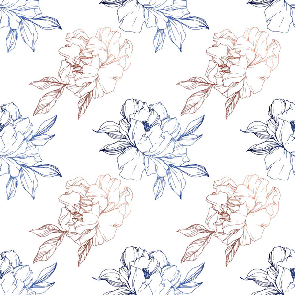Vector blue and golden isolated peonies sketch on white background. Engraved ink art. Seamless background pattern. Fabric wallpaper print texture. - Vector, Image