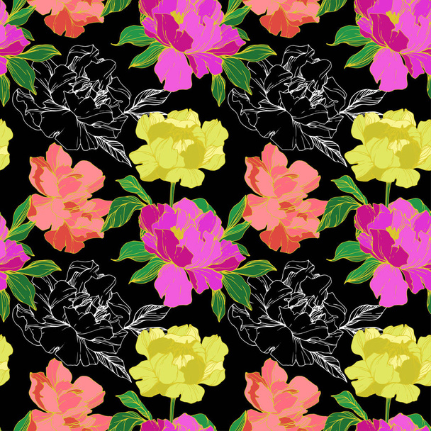 Vector purple, living coral and yellow  isolated peonies illustration on black background. Engraved ink art. Seamless background pattern. Fabric wallpaper print texture. - Vector, Image