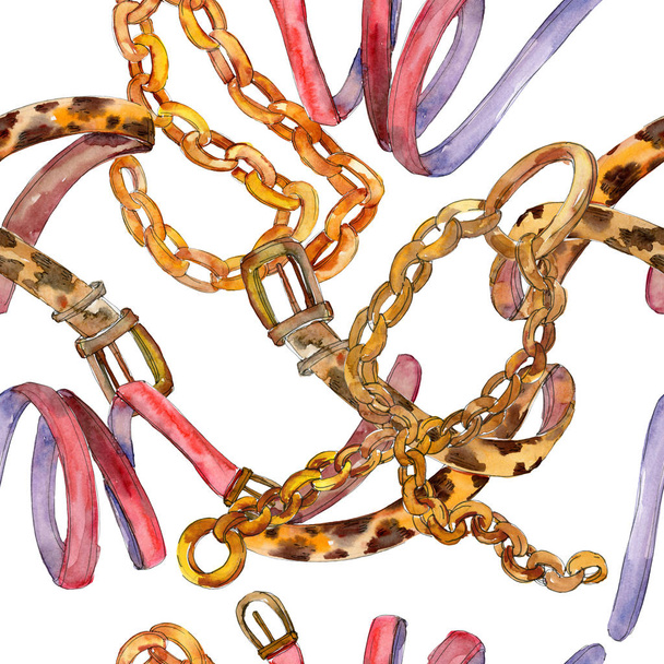 Golden chain and leather belt sketch glamour illustration. Watercolor illustration set. Seamless background pattern. - Fotó, kép