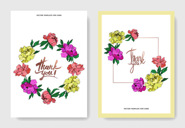 Vector wedding elegant invitation cards with purple, yellow and living coral peonies illustration on white background. - Wektor, obraz
