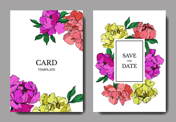 Vector wedding elegant invitation cards with purple, yellow and living coral peonies illustration on white background. - Vector, Image