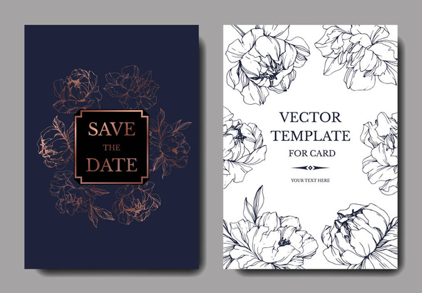 Vector wedding elegant dark blue and white invitation cards with peonies illustration. - Vector, Image