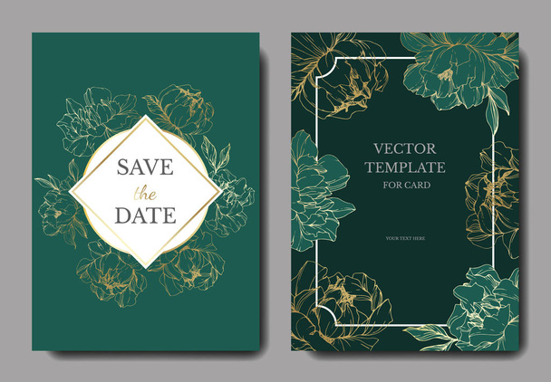Vector wedding elegant green invitation cards with golden peonies illustration. - Vector, Image