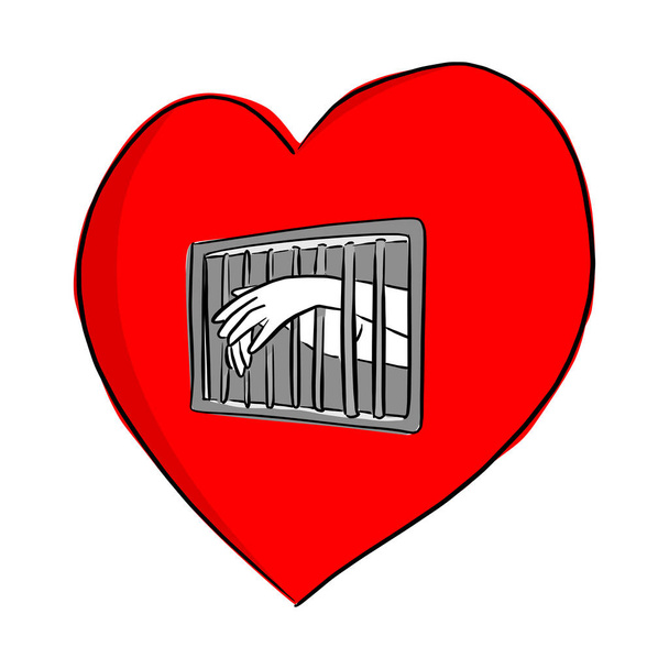 το χέρι του ατόμου στη φυλακή την κόκκινη καρδιά σχήμα διάνυσμα εικονογράφηση σκίτσο doodle χέρι με μαύρες γραμμές που απομονώνονται σε λευκό φόντο - Διάνυσμα, εικόνα