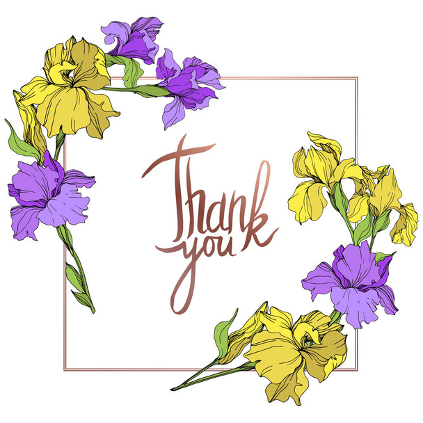 ベクトルの紫 青 黄色のアイリス 野生の花が白で隔離 ありがとうございました の文字と花のフレームの枠線 ロイヤリティフリーのベクターグラフィック画像