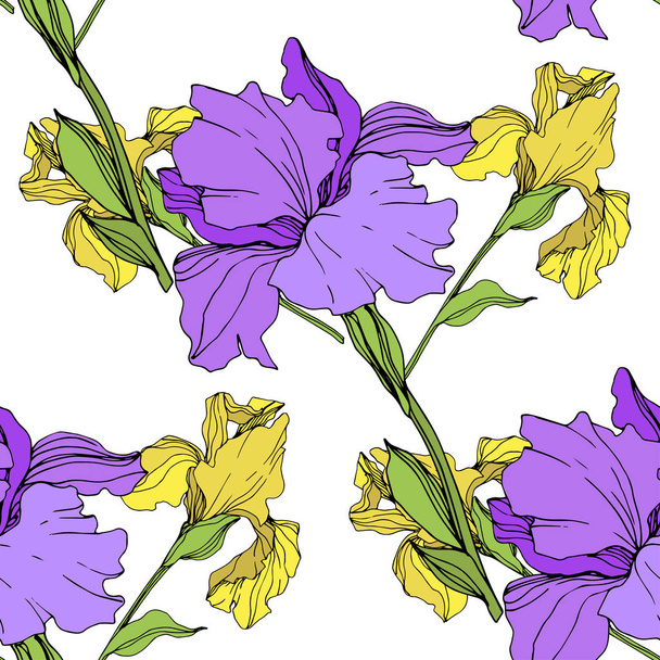 Vector isolated purple and yellow irises. Seamless background pattern. Fabric wallpaper print texture. - Vektör, Görsel