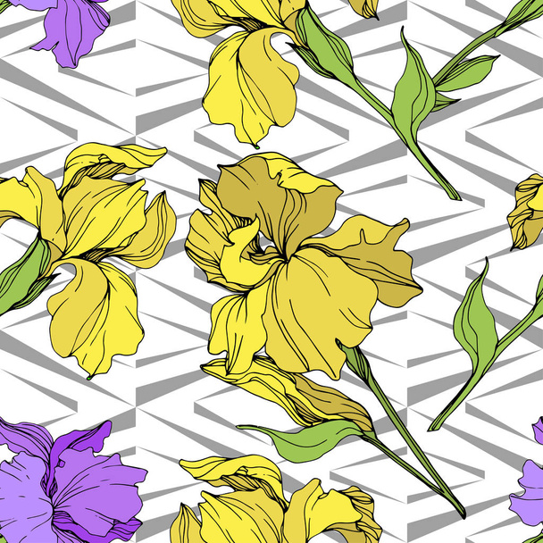 Vektor isolierte lila und gelbe Schwertlilien. nahtlose Hintergrundmuster. Stoff Tapete drucken Textur. - Vektor, Bild