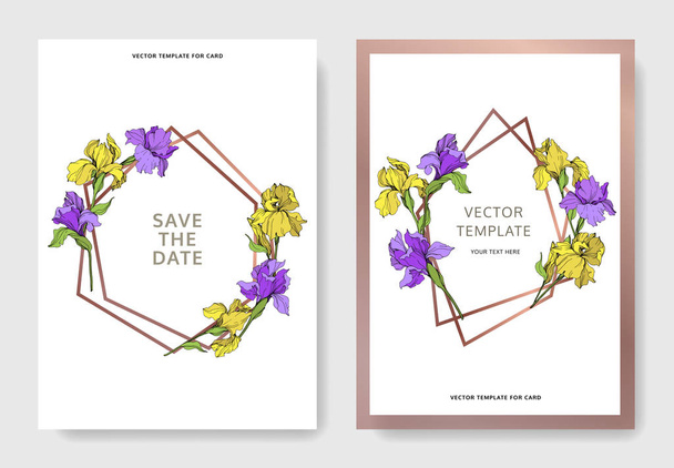 Vector elegant wedding invitation cards with yellow and purple irises. - Vector, Image