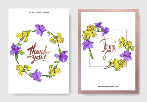 Vector elegant wedding invitation cards with yellow and purple irises. - Vetor, Imagem