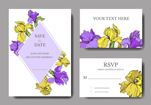 Векторные элегантные свадебные приглашения с желтыми и фиолетовыми ирисами
. - Вектор,изображение