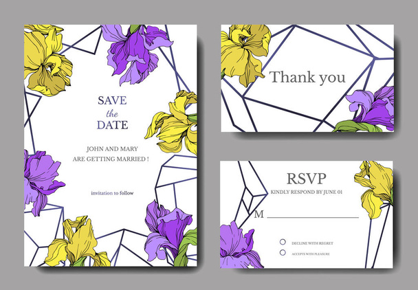 Vector elegante bruiloft uitnodigingskaarten met gele en paarse irissen. - Vector, afbeelding