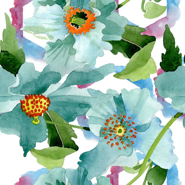 Μπλε φλοράλ βοτανικό λουλούδι παπαρούνας. Ακουαρέλα φόντο εικόνα σύνολο. Απρόσκοπτη υπόβαθρο μοτίβο. - Φωτογραφία, εικόνα