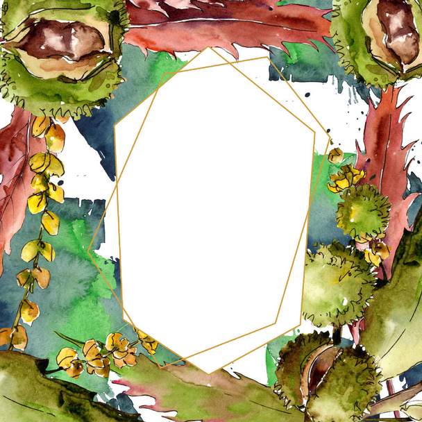 Zoete kastanje bladeren en vruchten. Aquarel achtergrond afbeelding instellen. Frame grens ornament vierkant. - Foto, afbeelding