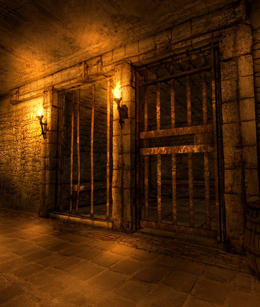 Un pasillo medieval de la mazmorra de fantasía forrado con celdas de prisión, iluminado por antorchas, 3d render
 - Foto, Imagen