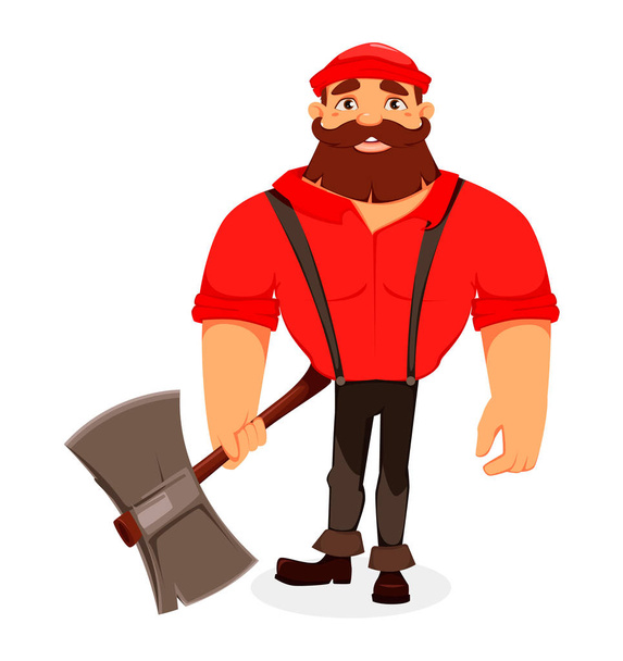 Lumberjack. Handsome logger holding big axe. Cartoon character. Vector illustration on white background.  - Vektor, kép