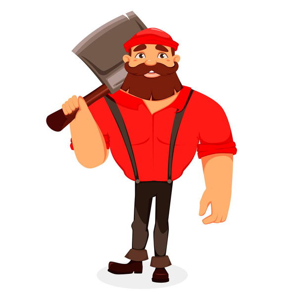 Lumberjack. Handsome logger holding big axe on his shouder. Cartoon character. Vector illustration on white background.  - Vector, Imagen