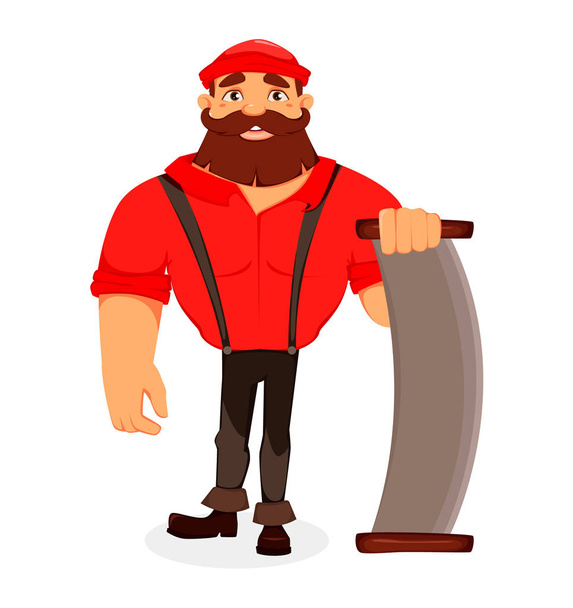 Lumberjack. Handsome logger holding two-handed saw. Cartoon character. Vector illustration on white background.  - Vector, afbeelding