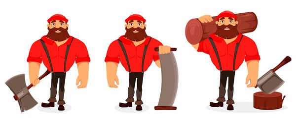 Lumberjack cartoon character, set of three poses. Handsome logger holding big axe, holding two-handed saw and holding log. Vector illustration on white background.  - Vektor, Bild
