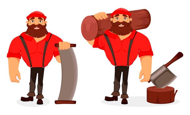 Lumberjack personaggio dei cartoni animati, set di due pose. Bel taglialegna che tiene un grosso tronco e tiene una sega a due mani. Illustrazione vettoriale su sfondo bianco
.  - Vettoriali, immagini