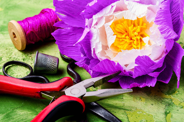 Colourful handmade paper flowers.Making gift for Mother's Day - Photo, Image