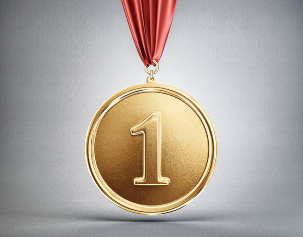 Gold medal on grey background. 3d illustration - 写真・画像