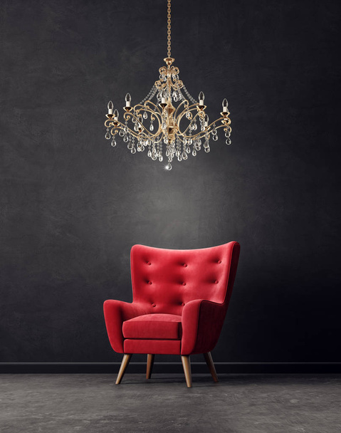 Modern living room with red armchair and golden chandelier. Scandinavian interior design furniture. 3d render illustration - Photo, Image