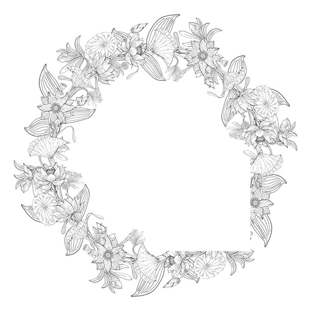 Kranz aus Vanille-Orchidee, rosa Lotusblume, blumiger runder Dekorationsrand - Vektor, Bild