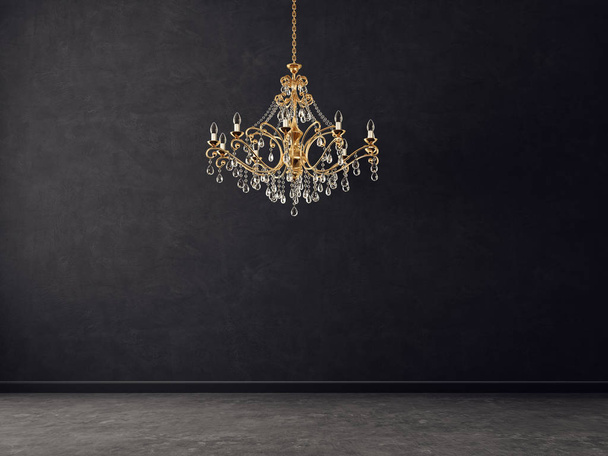 Golden chandelier in the empty room. 3d illustration - Foto, imagen