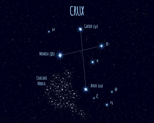 (Southern Cross) Güneyhaçı takımyıldızı, yıldızlı gökyüzü karşı temel yıldız isimleri ile vektör çizim - Vektör, Görsel